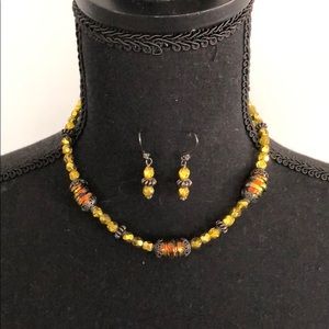 Yellow, orange, & black beaded necklace w/earrings